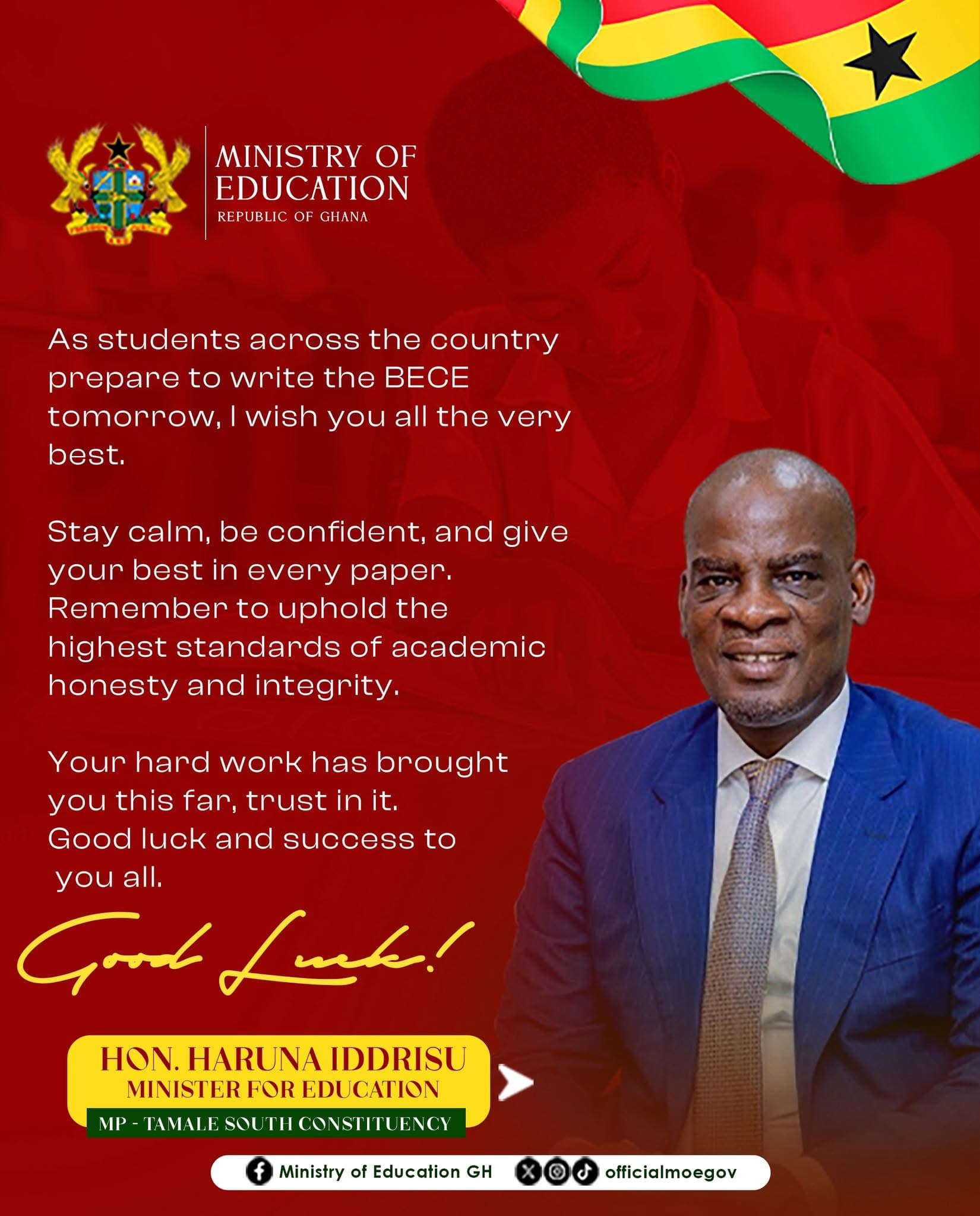 The Education Minister delivers a supportive message to 2026 BECE participants.