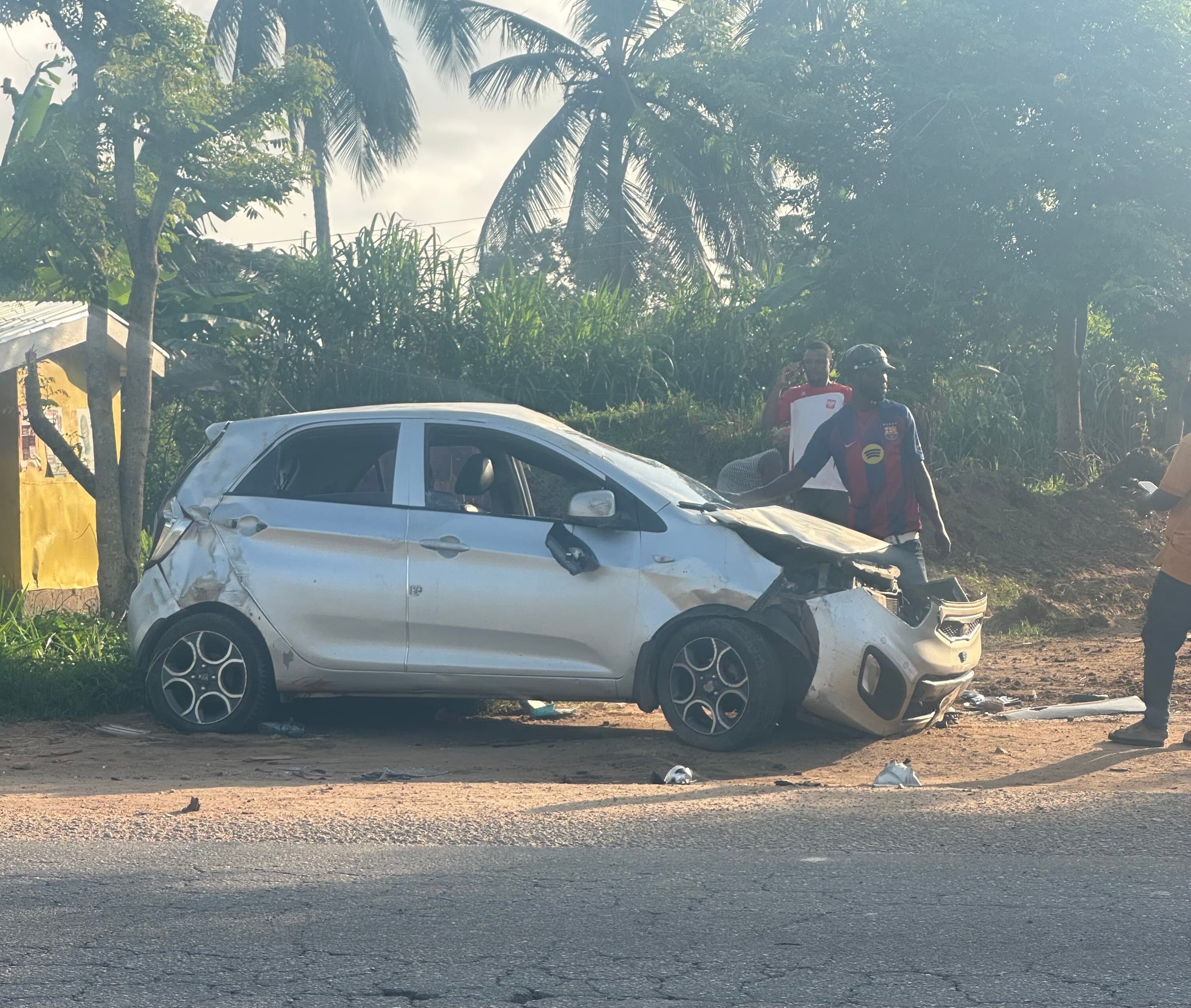 Watch: A Kia Picanto Wrecked in Horrific Crash with Okada Rider at Budu on the Accra–Kumasi Highway 